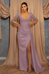 Deep V Neck Long Sleeve Pleated Prom Dress with Ruffles Appliques