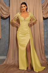 Deep V Neck Long Sleeve Pleated Prom Dress with Ruffles Appliques