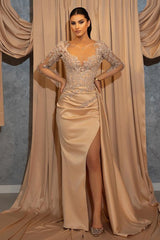 Deep V Neck Long Sleeve Pleated Prom Dress with Ruffles Appliques