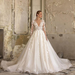 Deep V-neck Long Sleeves A-Line Wedding Dress With Lace Appliques Ruffles Tulle