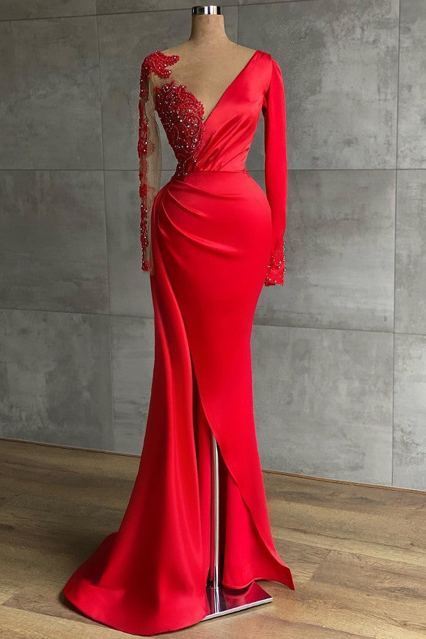 Deep V Neck Long Sleeve Mermaid Long Prom Dress with Split Appliques