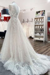 Deep V-Neck Sleeveless Long A-Line Wedding Dress with Open Back, Tulle, and Lace Appliques