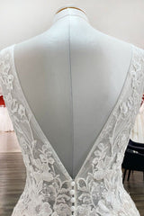 Deep V-Neck Sleeveless Long A-Line Wedding Dress with Open Back, Tulle, and Lace Appliques