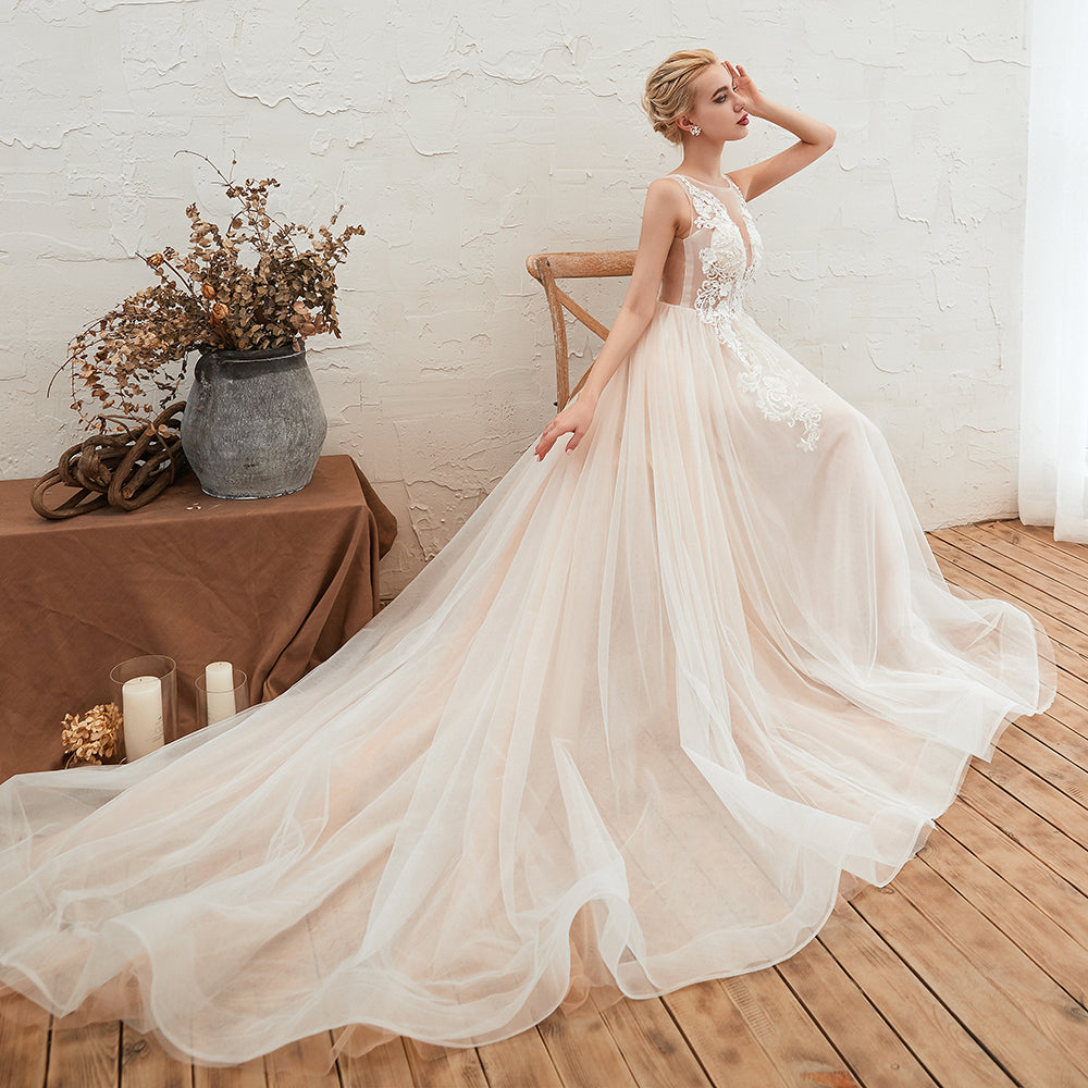 Delicate A-Line Bateau Tulle Open Back Wedding Dress with Floral Lace
