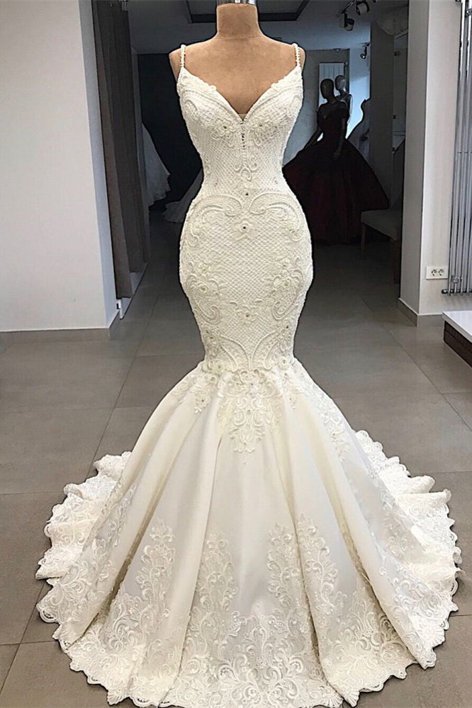 Detachable Skirt Spaghetti Strap Mermaid Wedding Dress with Ruffle Appliques
