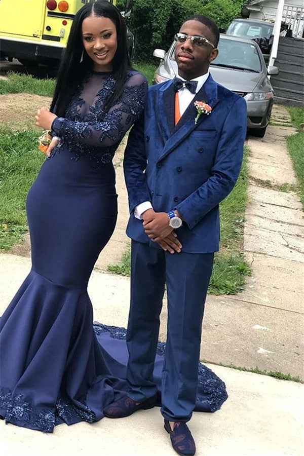Double Breasted Navy Blue Prom Outfit - Velvet, Peaked Lapel