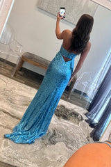 Double Straps Light Blue Cut out Sequin Long Prom Dress