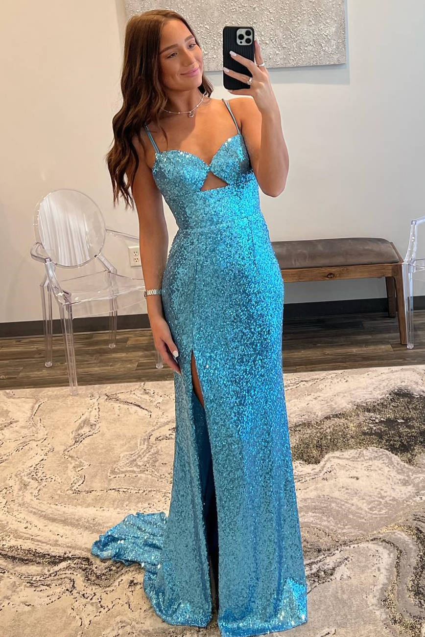 Double Straps Light Blue Cut out Sequin Long Prom Dress