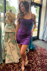 Double Straps Purple Appliques Short Homecoming Dress with Rhinestones
