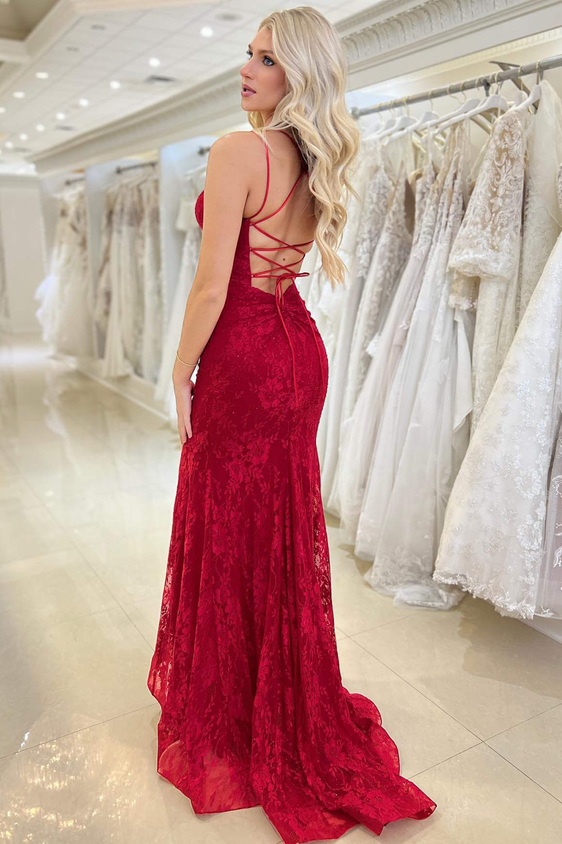 Double Straps Red Lace Mermaid Prom Dress