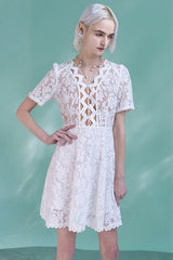 Boho White Short Sleeves A-line Short Lace Dresses