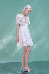 Boho White Short Sleeves A-line Short Lace Dresses