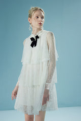 Elegant Long Illusion Sleeves Ruffles Short Dresses with Bow