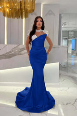 Dusty Blue Mermaid Tulle Long Prom Dress with Beading and Ruffles