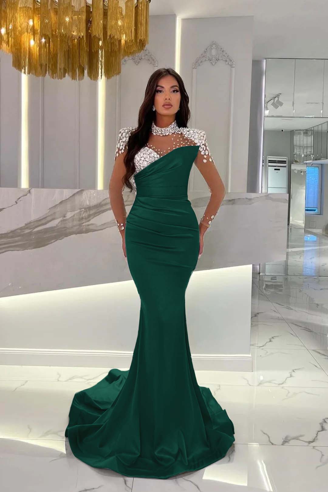 Dusty Blue Mermaid Tulle Long Prom Dress with Beading and Ruffles