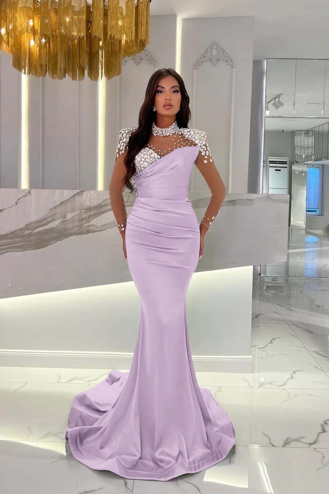 Dusty Blue Mermaid Tulle Long Prom Dress with Beading and Ruffles
