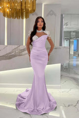Dusty Blue Mermaid Tulle Long Prom Dress with Beading and Ruffles