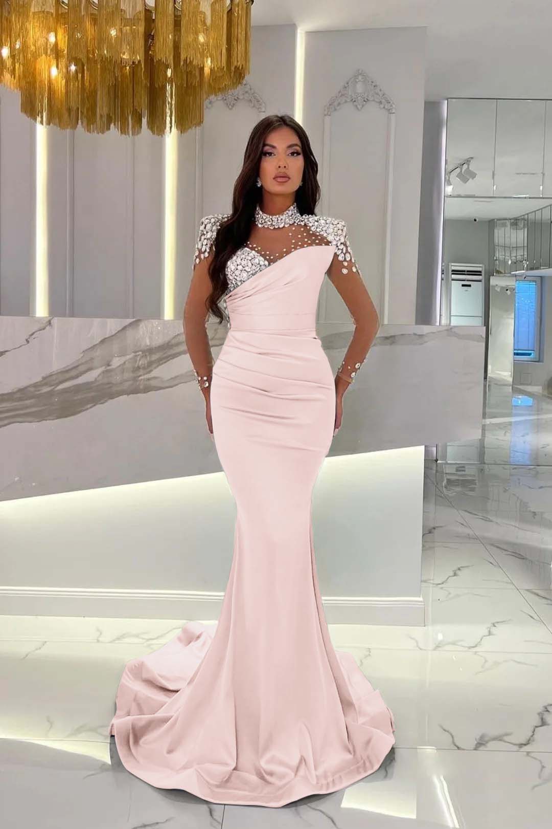 Dusty Blue Mermaid Tulle Long Prom Dress with Beading and Ruffles
