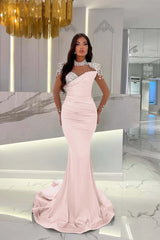 Dusty Blue Mermaid Tulle Long Prom Dress with Beading and Ruffles