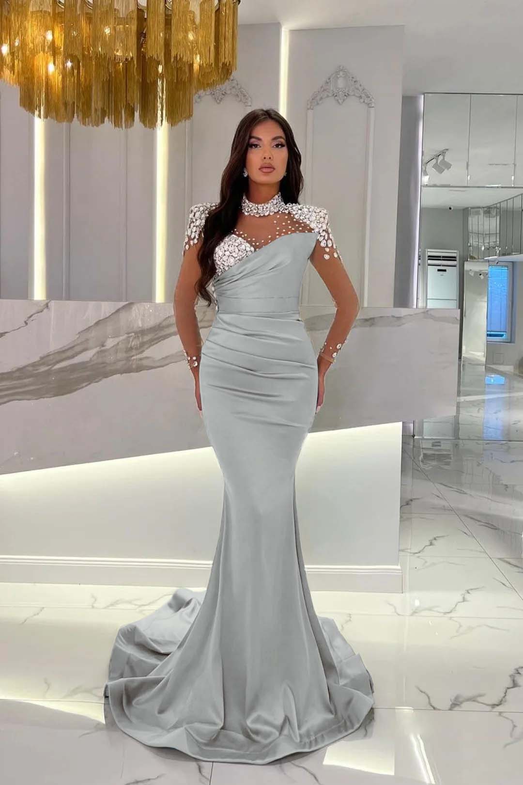 Dusty Blue Mermaid Tulle Long Prom Dress with Beading and Ruffles