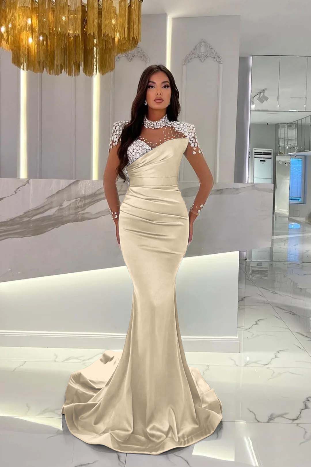 Dusty Blue Mermaid Tulle Long Prom Dress with Beading and Ruffles