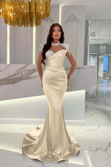 Dusty Blue Mermaid Tulle Long Prom Dress with Beading and Ruffles