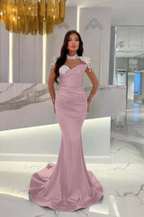 Dusty Blue Mermaid Tulle Long Prom Dress with Beading and Ruffles