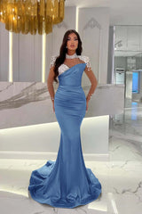 Dusty Blue Mermaid Tulle Long Prom Dress with Beading and Ruffles