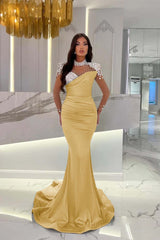 Dusty Blue Mermaid Tulle Long Prom Dress with Beading and Ruffles