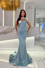 Dusty Blue Mermaid Tulle Long Prom Dress with Beading and Ruffles