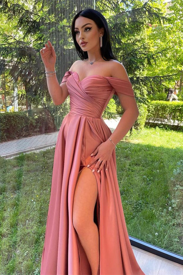 Glorious Dusty Pink Off the Shoulder Long Prom Dress with Front Split