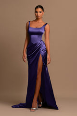 Square Neck Spaghetti Strap Mermaid Prom Dress with Split
