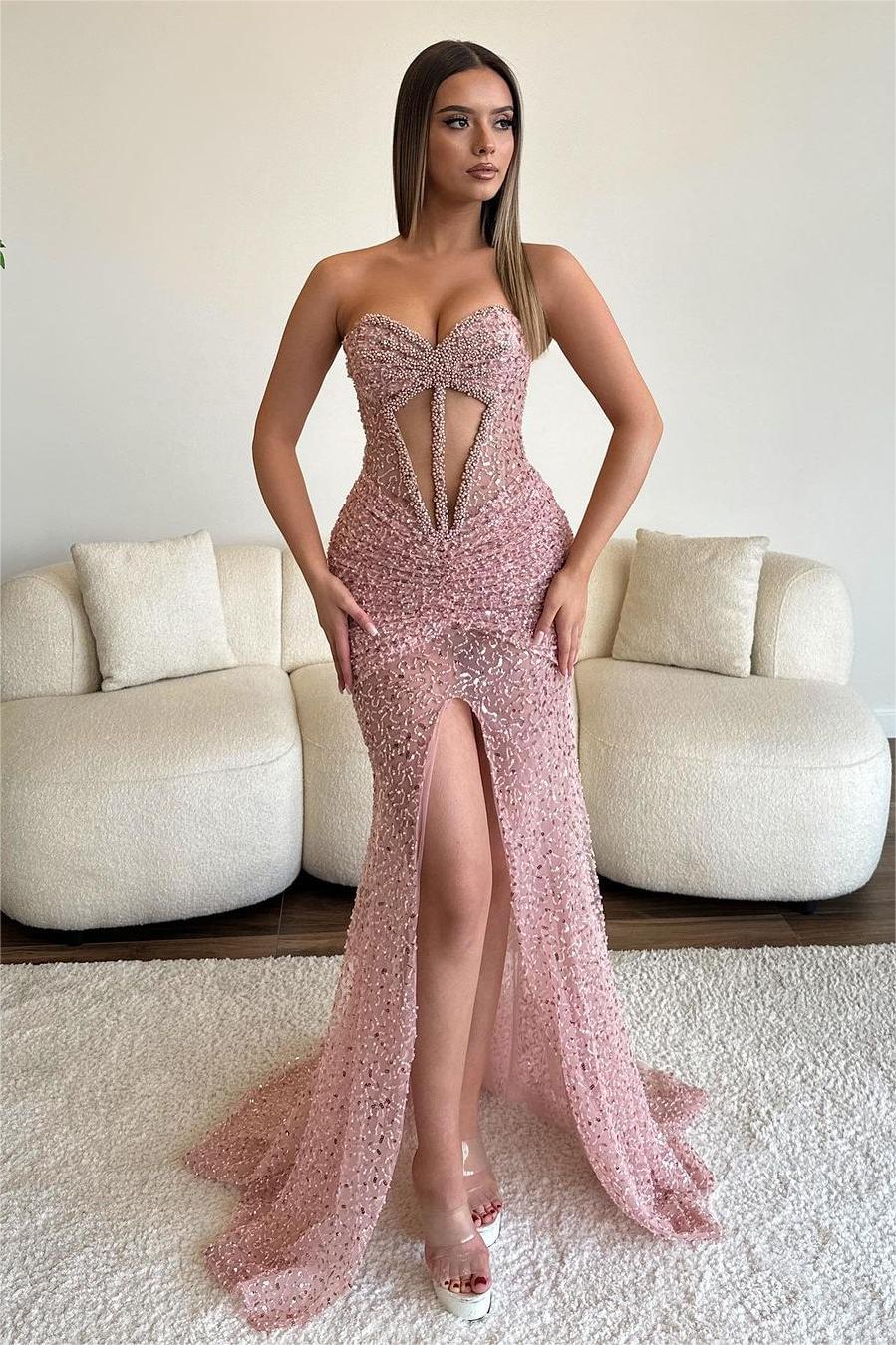 Dusty Rose Strapless Sweetheart Long Prom Dress with Beading and Split