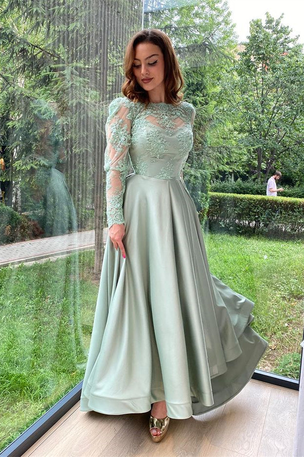 Dusty Sage Long Sleeve Long Prom Dress with Split and Appliques