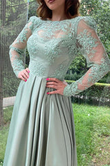 Dusty Sage Long Sleeve Long Prom Dress with Split and Appliques