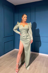 Dusty Sage Elegant Long Sleeve V-Neck Evening Dress with Front Split