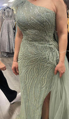 Dusty Sage One-Shoulder Mermaid Evening Dress with Beading Slit