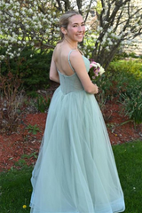 Dusty Sage Tulle Plunging V Straps Long Prom Dress