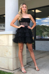 Glitter Black Corset Tiered A-Line Tulle Short Homecoming Dress