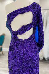 Purple Cut Out Open Back One Shoulder Sequins Homecoming Dress