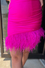 Glitter Fuchsia Feathered Tight Short Homecoming Dress
