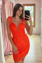 Sparkly Orange Sequins Tight Short Homecoming Dress with Feathers
