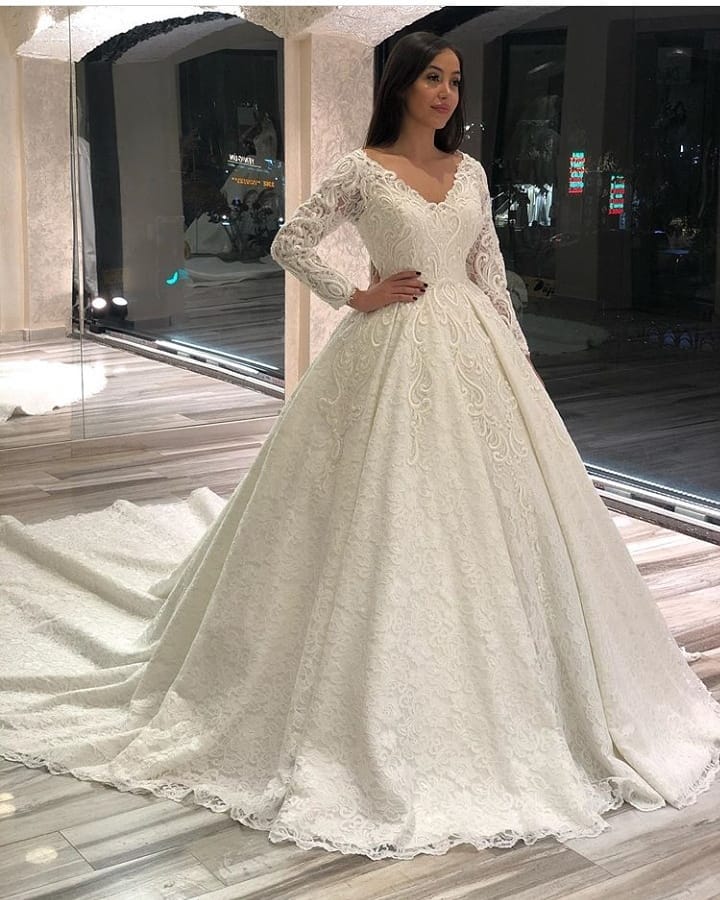 Elegant A-Line Deep V-Neck Long Sleeve Floor-Length Wedding Dress with Lace Appliques
