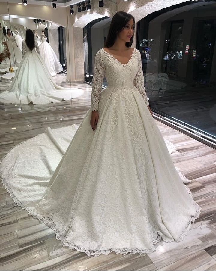 Elegant A-Line Deep V-Neck Long Sleeve Floor-Length Wedding Dress with Lace Appliques