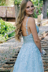 Elegant A-line Long Baby Blue Straps V-Neck Lace Prom Dress
