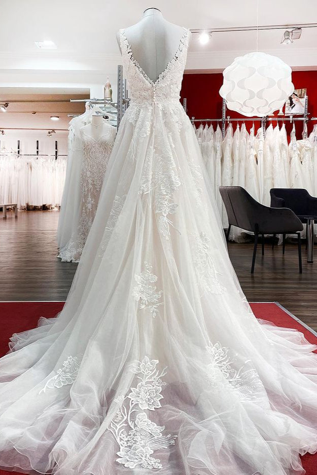 Elegant A-line Tulle V-Neck Open Back Wedding Dress With Lace Ruffles