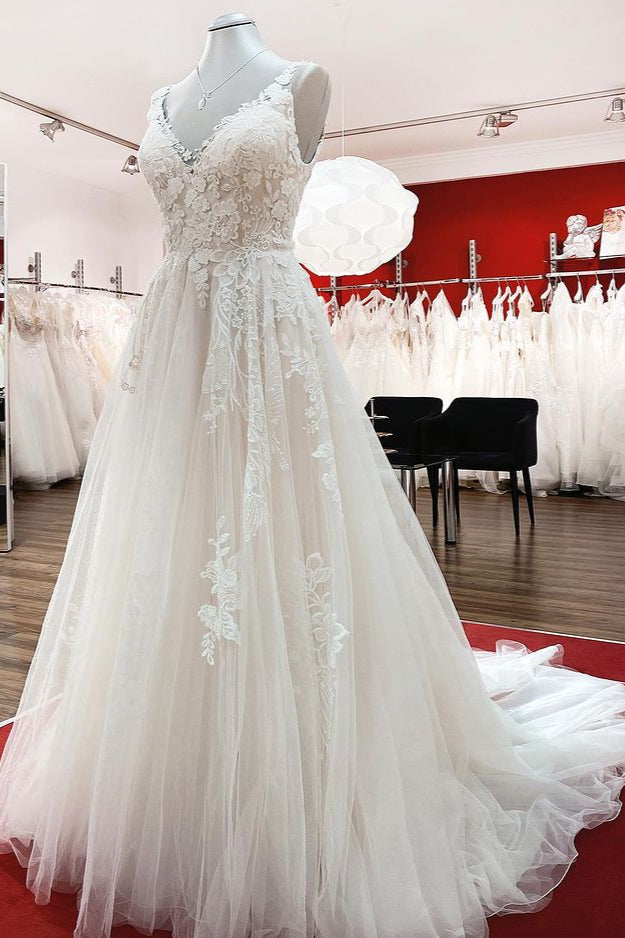 Elegant A-line Tulle V-Neck Open Back Wedding Dress With Lace Ruffles