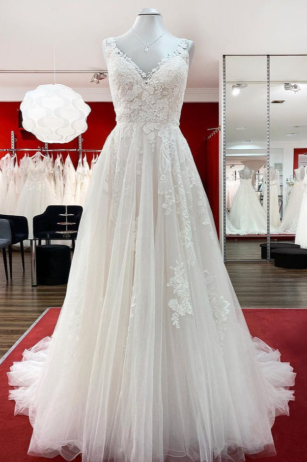 Elegant A-line Tulle V-Neck Open Back Wedding Dress With Lace Ruffles