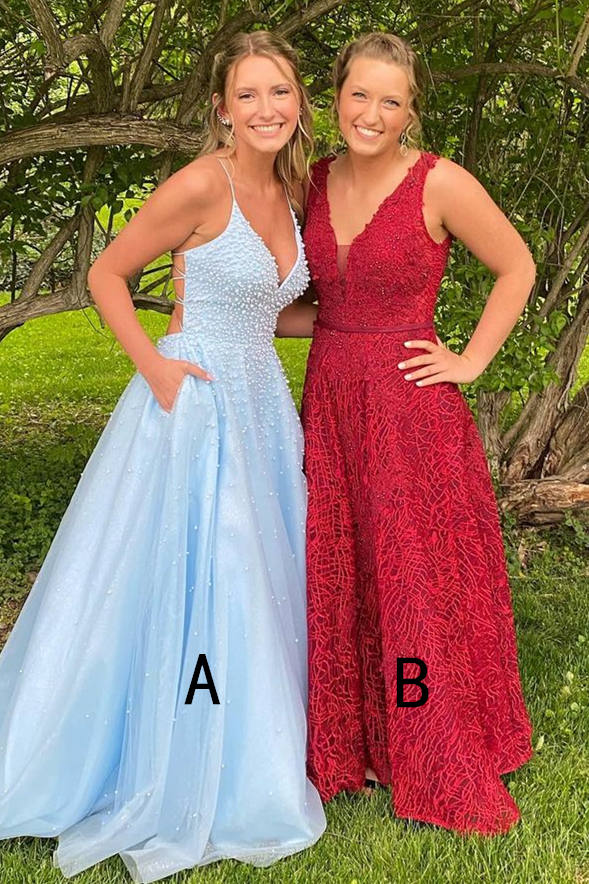 Elegant A-Line V-Neck Tulle Long Prom Dress