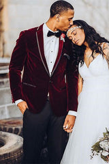 Elegant Burgundy Velvet One-Button Notched Lapel Wedding Suit for Men¡¯s Parties
